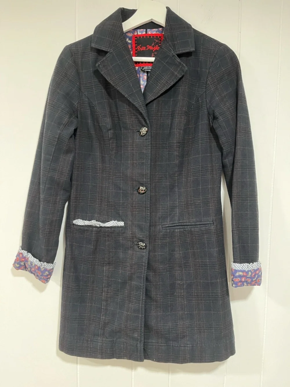 Free People Charcoal Plaid Notched-Collar Trench Coat